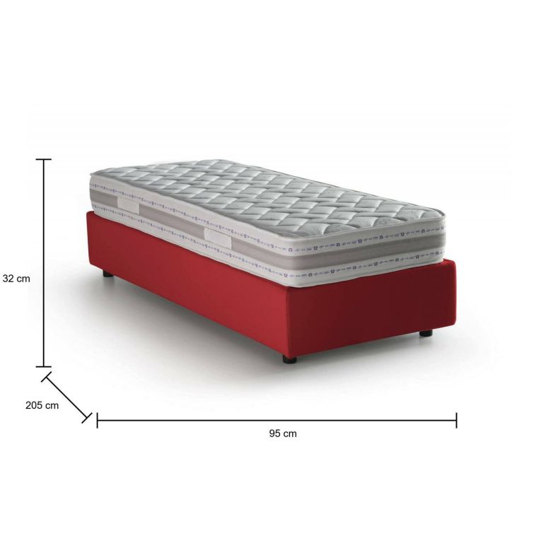 Letto singolo Diana, Letto contenitore con rivestimento in tessuto, 100% Made in Italy, Apertura laterale, con materasso Cm 80x190 incluso, Rosso