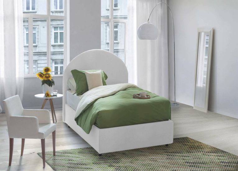 Letto singolo Emma, Letto contenitore con rivestimento in tessuto, 100% Made in Italy, Apertura frontale, con materasso Cm 80x190 incluso, Bianco