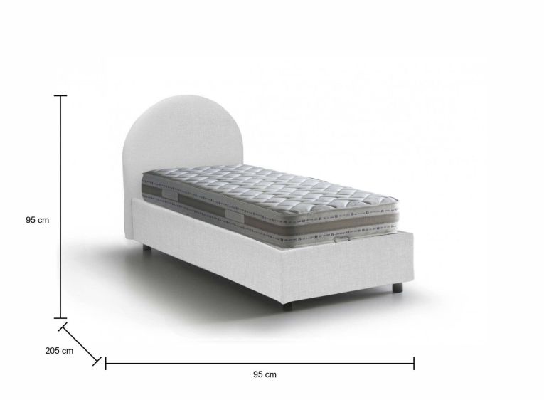Letto singolo Emma, Letto contenitore con rivestimento in tessuto, 100% Made in Italy, Apertura frontale, con materasso Cm 80x190 incluso, Bianco