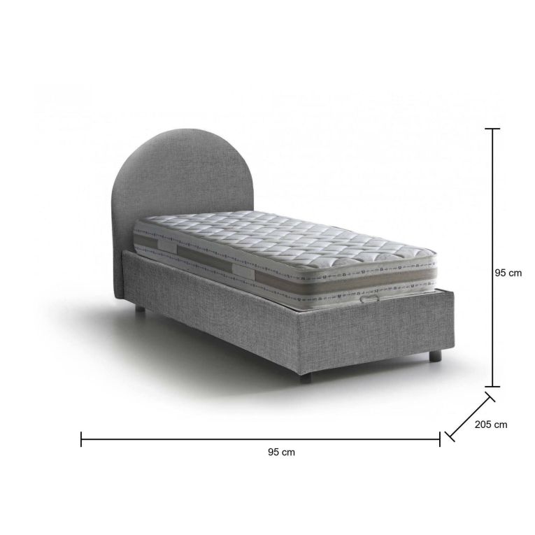 Letto singolo Emma, Letto contenitore con rivestimento in tessuto, 100% Made in Italy, Apertura frontale, con materasso Cm 80x190 incluso, Grigio