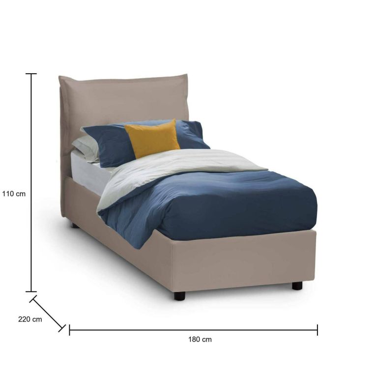 Letto singolo Erika, Letto contenitore con rivestimento in ecopelle, 100% Made in Italy, Apertura frontale, adatto per materasso Cm 90x190, Tortora