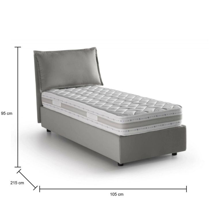 Letto singolo Evelyn, Letto contenitore con rivestimento in tessuto, 100% Made in Italy, Apertura frontale, con materasso Cm 90x200 incluso, Grigio