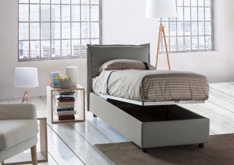Letto singolo Evelyn, Letto contenitore con rivestimento in tessuto, 100% Made in Italy, Apertura frontale, con materasso Cm 90x200 incluso, Grigio