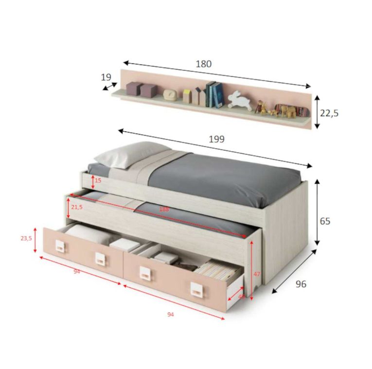 Letto singolo Fairfield, Struttura letto per cameretta, Letto singolo con lettino estraibile e 2 cassetti e mensola, 199x96h65 cm, Bianco e Rosa