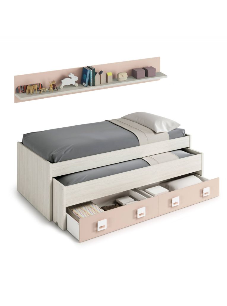 Letto singolo Fairfield, Struttura letto per cameretta, Letto singolo con lettino estraibile e 2 cassetti e mensola, 199x96h65 cm, Bianco e Rosa