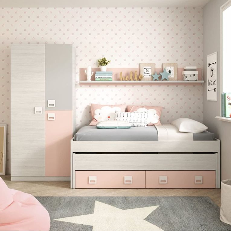 Letto singolo Fairfield, Struttura letto per cameretta, Letto singolo con lettino estraibile e 2 cassetti e mensola, 199x96h65 cm, Bianco e Rosa