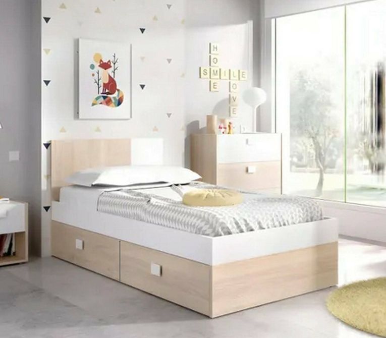 Letto singolo Fourchon, Sommier per camera da letto, Giroletto per stanza, Struttura porta materasso, 97x196 h79 cm, Bianco e Rovere