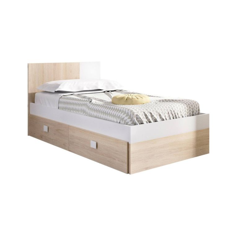 Letto singolo Fourchon, Sommier per camera da letto, Giroletto per stanza, Struttura porta materasso, 97x196 h79 cm, Bianco e Rovere