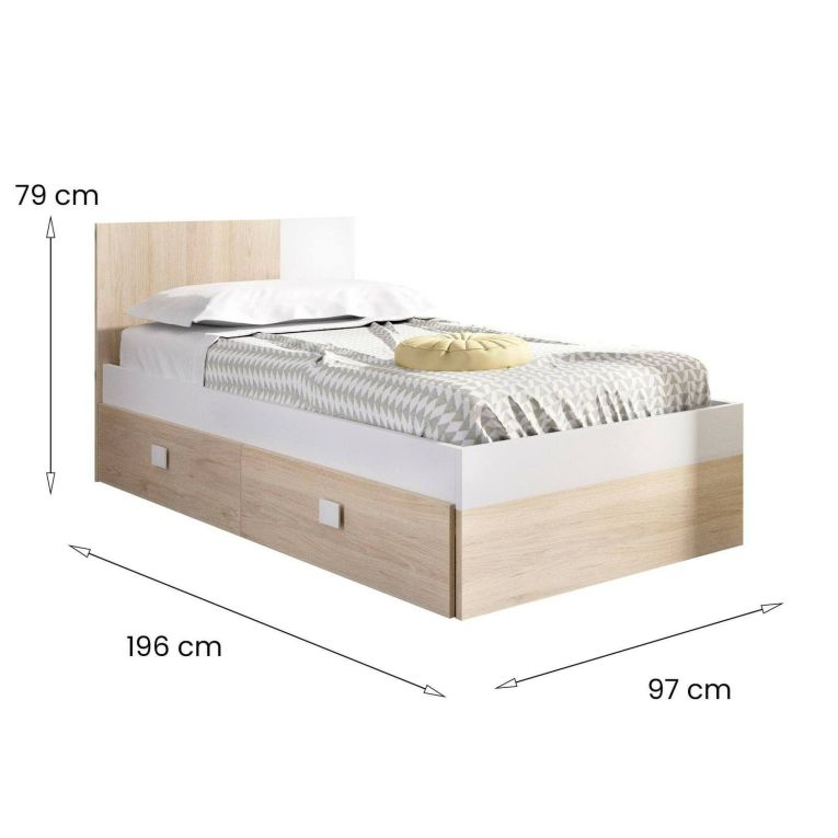 Letto singolo Fourchon, Sommier per camera da letto, Giroletto per stanza, Struttura porta materasso, 97x196 h79 cm, Bianco e Rovere