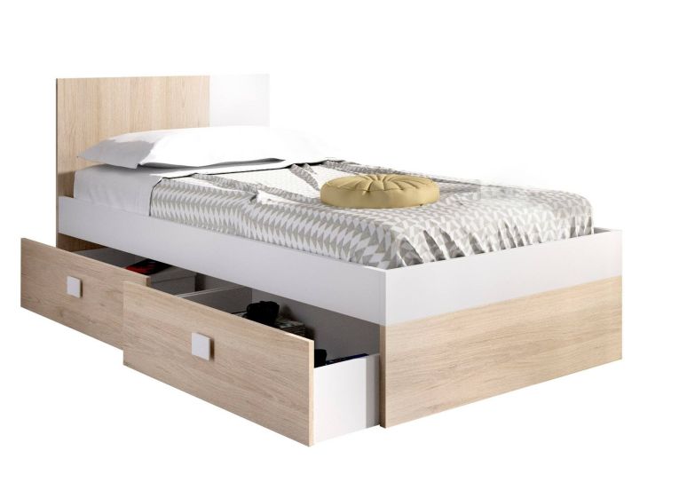 Letto singolo Fourchon, Sommier per camera da letto, Giroletto per stanza, Struttura porta materasso, 97x196 h79 cm, Bianco e Rovere
