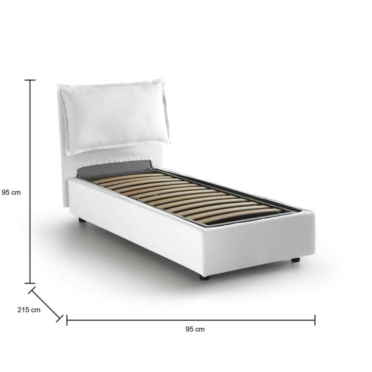 Letto singolo Gemma, Letto contenitore con rivestimento in tessuto, 100% Made in Italy, Apertura frontale, adatto per materasso Cm 80x200, Bianco