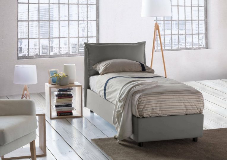 Letto singolo Gemma, Letto contenitore con rivestimento in tessuto, 100% Made in Italy, Apertura frontale, adatto per materasso Cm 80x200, Grigio