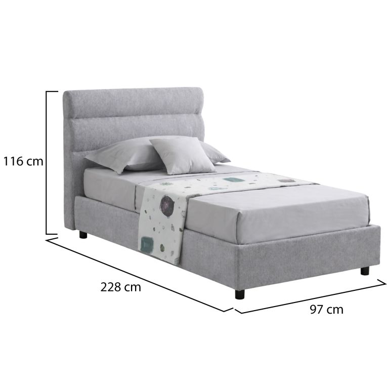 Letto Singolo Grigio Materasso Incluso Sfoderabile, Contenitore Made in Italy - Adalpina