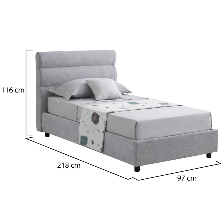 Letto Singolo Grigio Sfoderabile Contenitore, Dimensione Materasso 80x190 cm Made in Italy - Brez