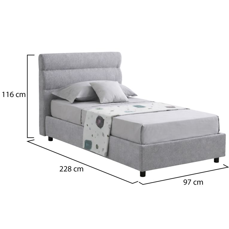 Letto Singolo Grigio Sfoderabile Contenitore, Dimensione Materasso 80x200 cm Made in Italy - Brenta