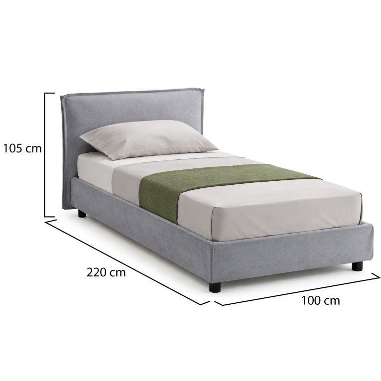 Letto Singolo Grigio Sfoderabile Contenitore, Dimensione Materasso 80x200 cm Made in Italy - Bruino