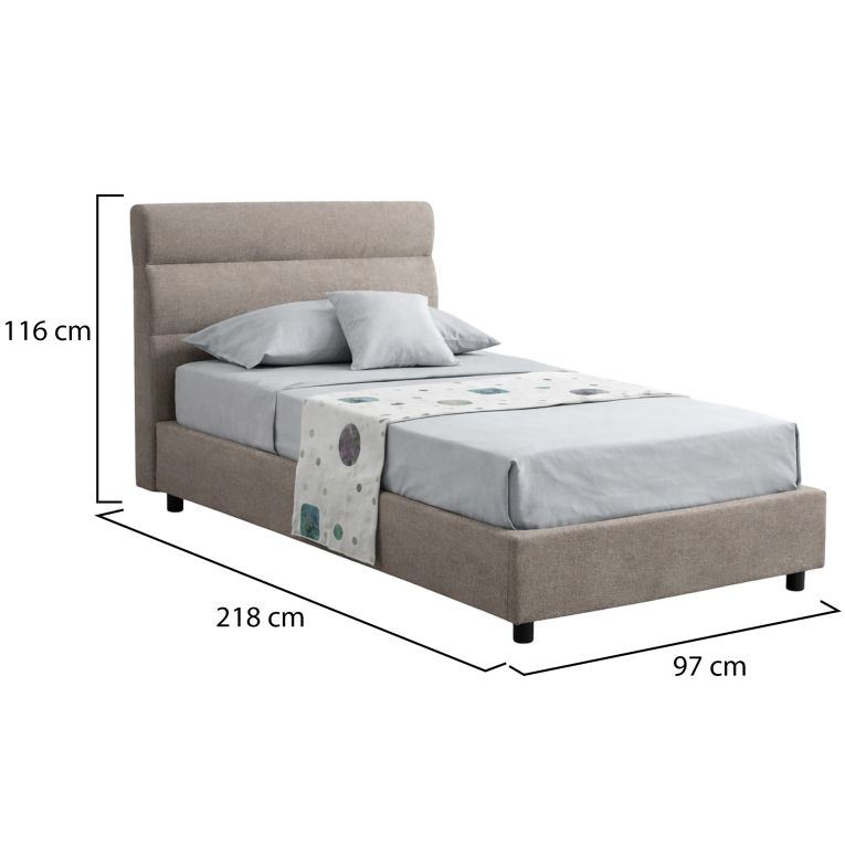 Letto Singolo Grigio Tortora Sfoderabile Contenitore, Dimensione Materasso 80x190 cm Made in Italy - Brez