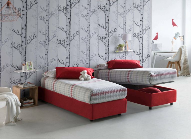 Letto singolo Ilaria, Letto contenitore con rivestimento in tessuto, 100% Made in Italy, Apertura frontale, adatto per materasso Cm 90x190, Rosso