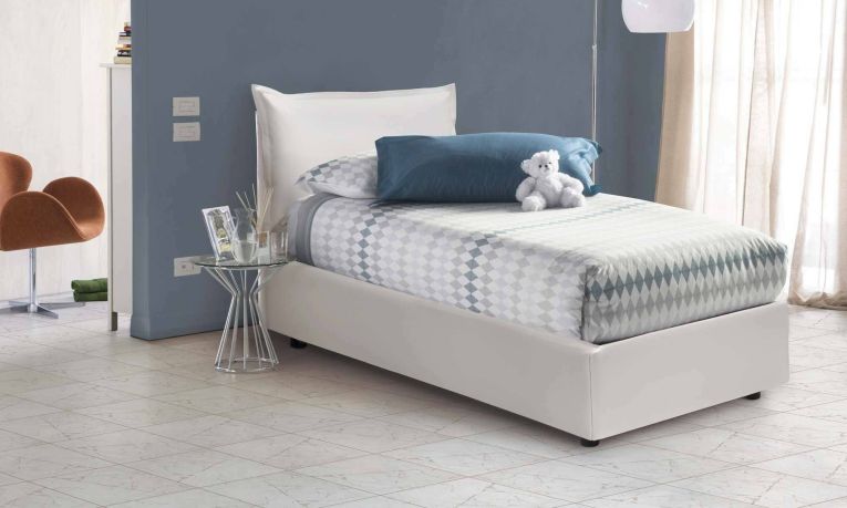 Letto singolo Livia, Letto contenitore con rivestimento in ecopelle, 100% Made in Italy, Apertura laterale, adatto per materasso Cm 80x190, Bianco