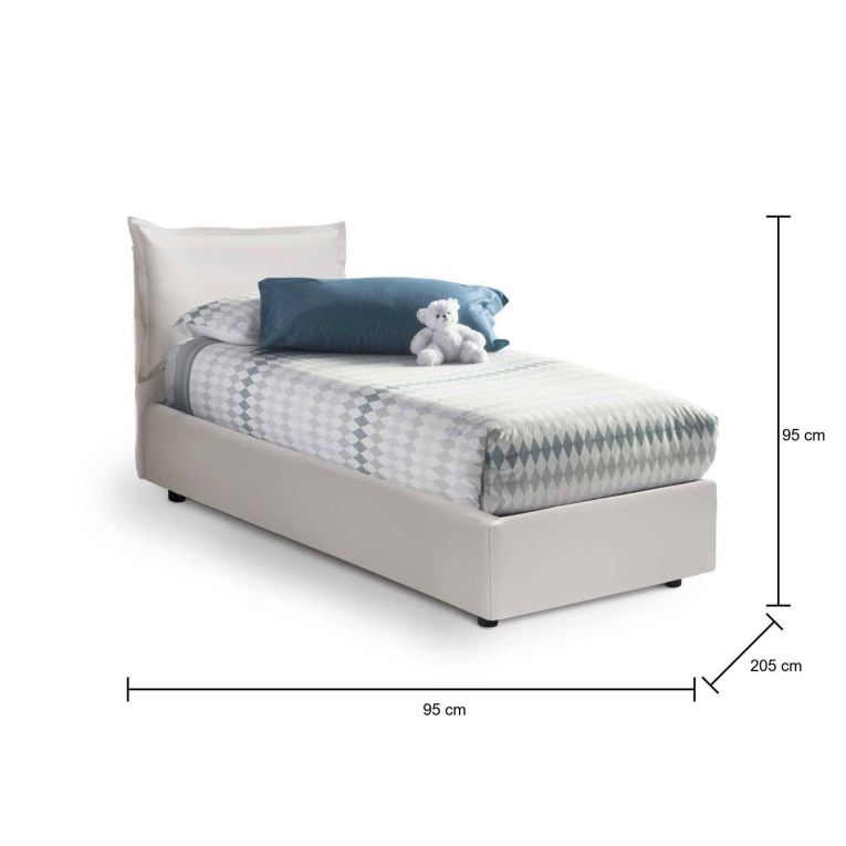 Letto singolo Livia, Letto contenitore con rivestimento in ecopelle, 100% Made in Italy, Apertura laterale, adatto per materasso Cm 80x190, Bianco