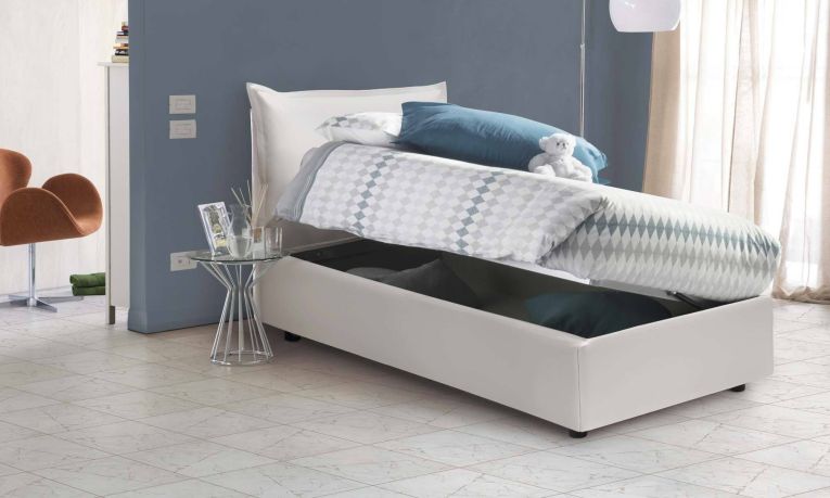 Letto singolo Livia, Letto contenitore con rivestimento in ecopelle, 100% Made in Italy, Apertura laterale, adatto per materasso Cm 80x190, Bianco