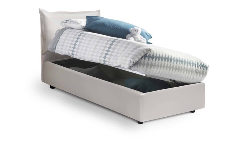 Letto singolo Livia, Letto contenitore con rivestimento in ecopelle, 100% Made in Italy, Apertura laterale, adatto per materasso Cm 80x190, Bianco