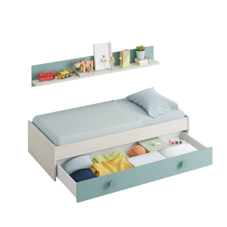 Letto singolo Lubbock, Struttura letto per cameretta, Letto con lettino estraibile o cassettone e mensola abbinata, 201x98h43 cm, Bianco e Verde acqua