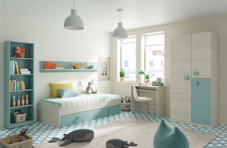 Letto singolo Lubbock, Struttura letto per cameretta, Letto con lettino estraibile o cassettone e mensola abbinata, 201x98h43 cm, Bianco e Verde acqua