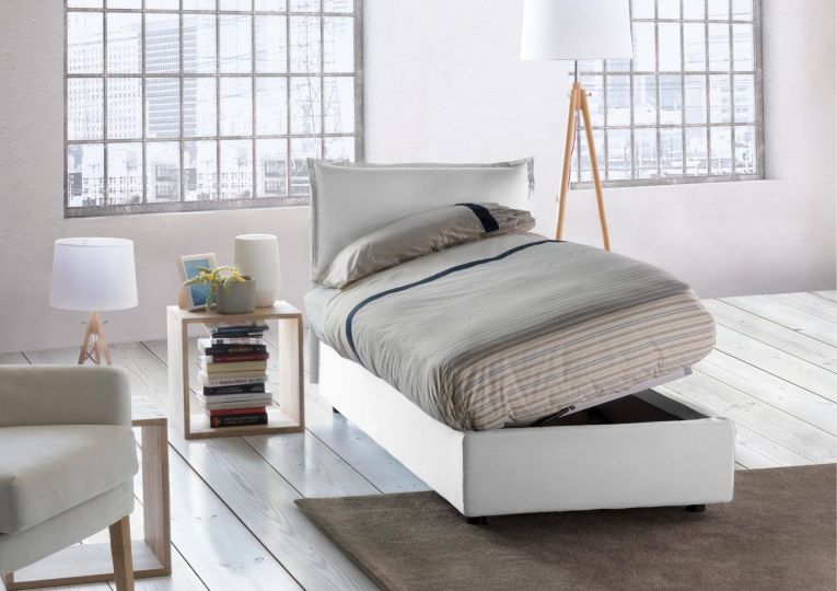 Letto singolo Luna, Letto contenitore con rivestimento in tessuto, 100% Made in Italy, Apertura laterale, adatto per materasso Cm 80x190, Bianco