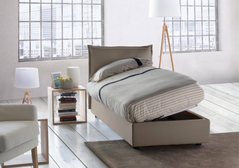 Letto singolo Luna, Letto contenitore con rivestimento in tessuto, 100% Made in Italy, Apertura laterale, adatto per materasso Cm 80x190, Tortora