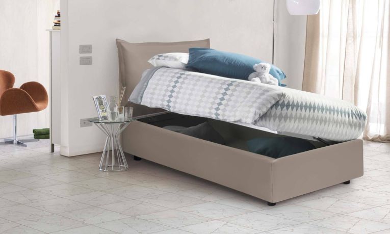 Letto singolo Marianna, Letto contenitore con rivestimento in ecopelle, 100% Made in Italy, Apertura laterale, con materasso Cm 80x190 incluso, Tortora