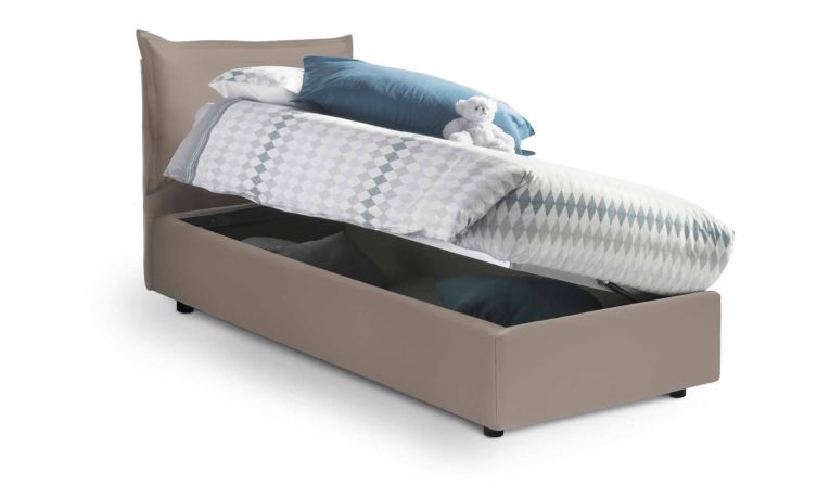 Letto singolo Marianna, Letto contenitore con rivestimento in ecopelle, 100% Made in Italy, Apertura laterale, con materasso Cm 80x190 incluso, Tortora