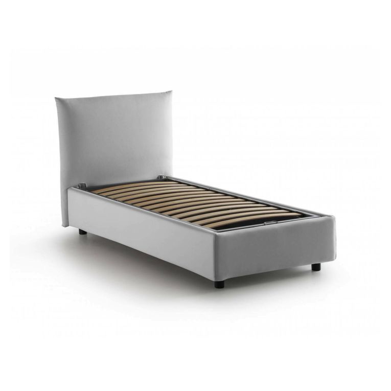 Letto singolo Marina, Letto contenitore con rivestimento in tessuto, 100% Made in Italy, Apertura laterale, adatto per materasso Cm 80x190, Bianco