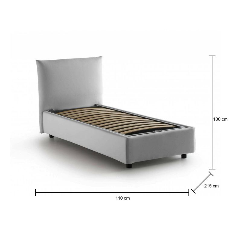 Letto singolo Marina, Letto contenitore con rivestimento in tessuto, 100% Made in Italy, Apertura laterale, adatto per materasso Cm 80x190, Bianco