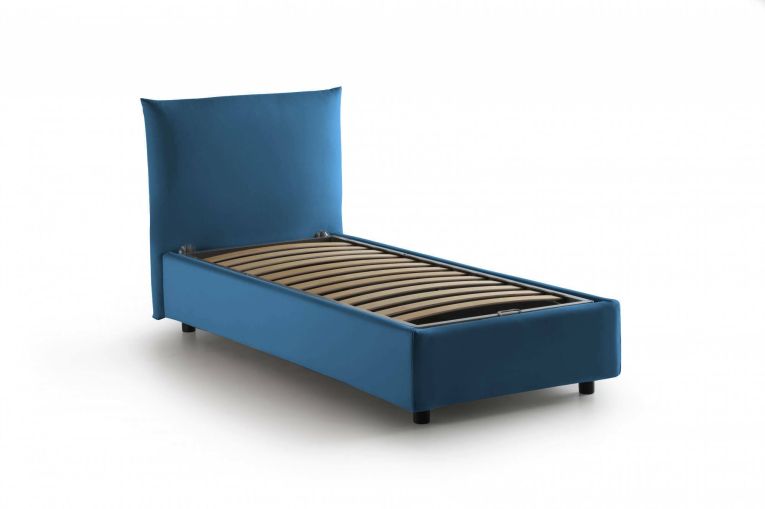 Letto singolo Marina, Letto contenitore con rivestimento in tessuto, 100% Made in Italy, Apertura laterale, adatto per materasso Cm 80x190, Blu