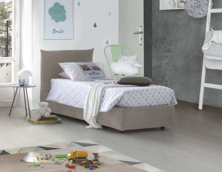 Letto singolo Marina, Letto contenitore con rivestimento in tessuto, 100% Made in Italy, Apertura laterale, adatto per materasso Cm 80x190, Tortora