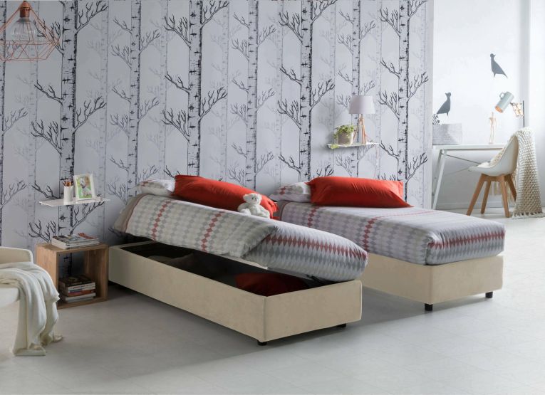 Letto singolo Melissa, Letto contenitore con rivestimento in tessuto, 100% Made in Italy, Apertura laterale, adatto per materasso Cm 80x190, Beige