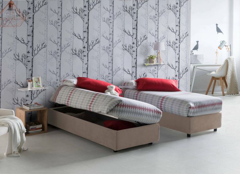 Letto singolo Melissa, Letto contenitore con rivestimento in tessuto, 100% Made in Italy, Apertura laterale, adatto per materasso Cm 80x190, Tortora