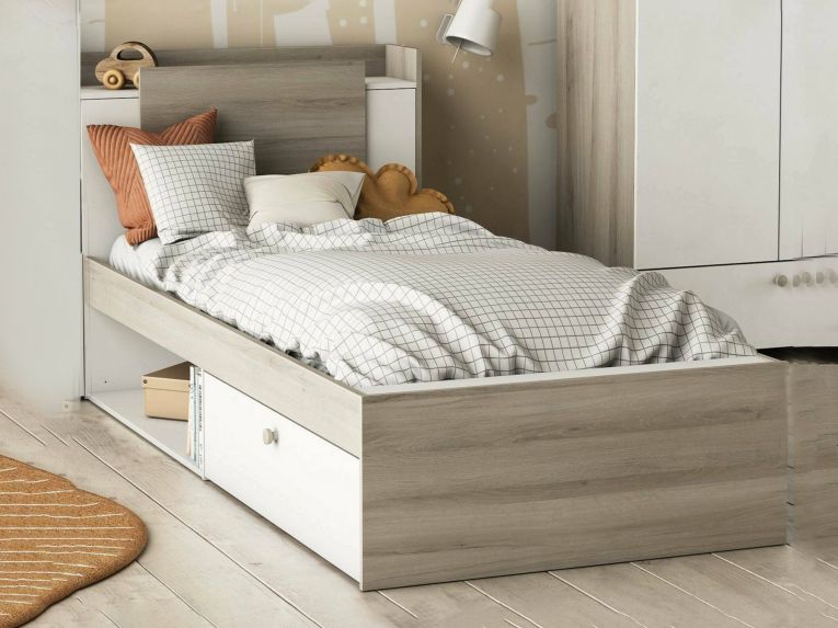 Letto singolo moderno rovere e bianco opaco 124x226cm adatto per materasso 90x200 cm - Wali