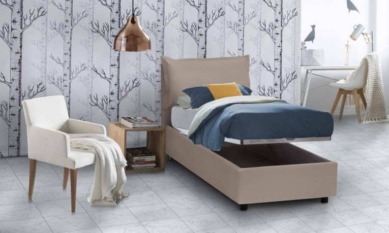 Letto singolo Naomi, Letto contenitore con rivestimento in ecopelle, 100% Made in Italy, Apertura frontale, con materasso Cm 80x200 incluso, Tortora