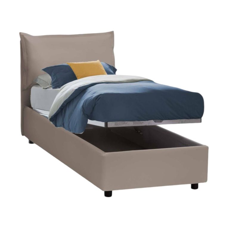 Letto singolo Naomi, Letto contenitore con rivestimento in ecopelle, 100% Made in Italy, Apertura frontale, con materasso Cm 80x200 incluso, Tortora