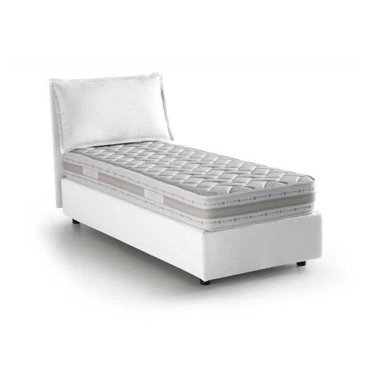 Letto singolo Penelope, Letto contenitore con rivestimento in tessuto, 100% Made in Italy, Apertura frontale, con materasso Cm 90x190 incluso, Bianco