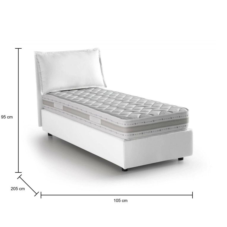 Letto singolo Penelope, Letto contenitore con rivestimento in tessuto, 100% Made in Italy, Apertura frontale, con materasso Cm 90x190 incluso, Bianco