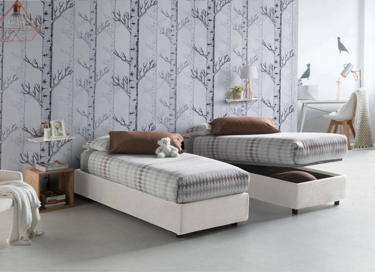 Letto singolo Rachele, Letto contenitore con rivestimento in tessuto, 100% Made in Italy, Apertura frontale, con materasso Cm 80x200 incluso, Bianco