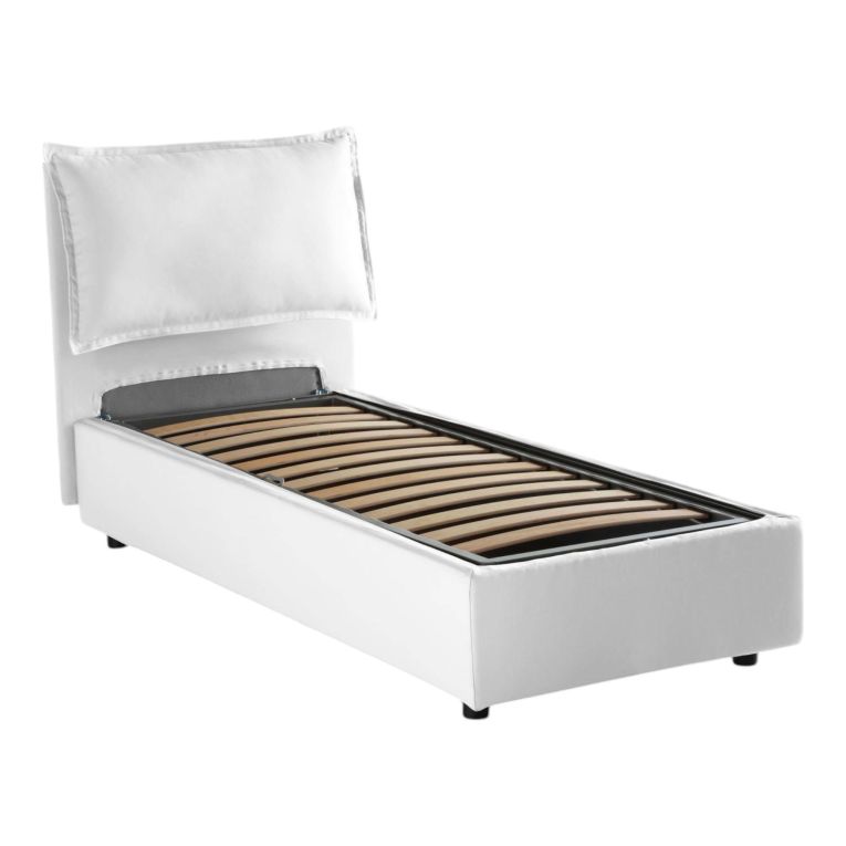 Letto singolo Roberta, Letto contenitore con rivestimento in tessuto, 100% Made in Italy, Apertura laterale, con materasso Cm 80x190 incluso, Bianco