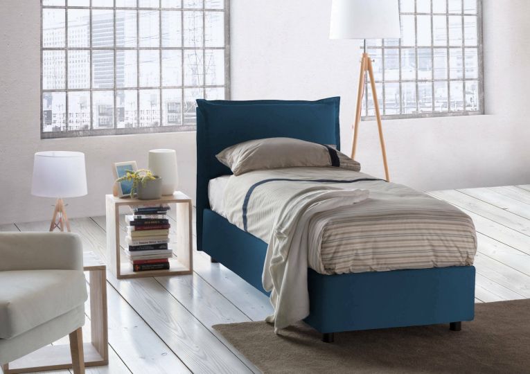 Letto singolo Roberta, Letto contenitore con rivestimento in tessuto, 100% Made in Italy, Apertura laterale, con materasso Cm 80x190 incluso, Blu