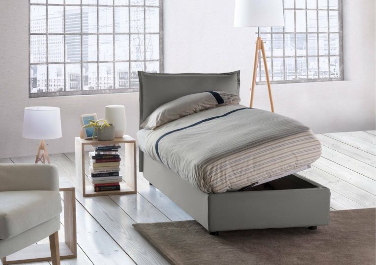 Letto singolo Roberta, Letto contenitore con rivestimento in tessuto, 100% Made in Italy, Apertura laterale, con materasso Cm 80x190 incluso, Grigio