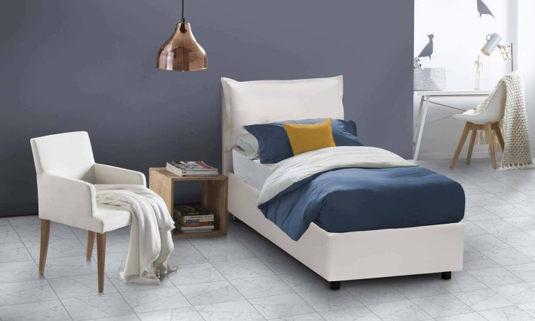 Letto singolo Sarah, Letto contenitore con rivestimento in ecopelle, 100% Made in Italy, Apertura frontale, adatto per materasso Cm 90x200, Bianco