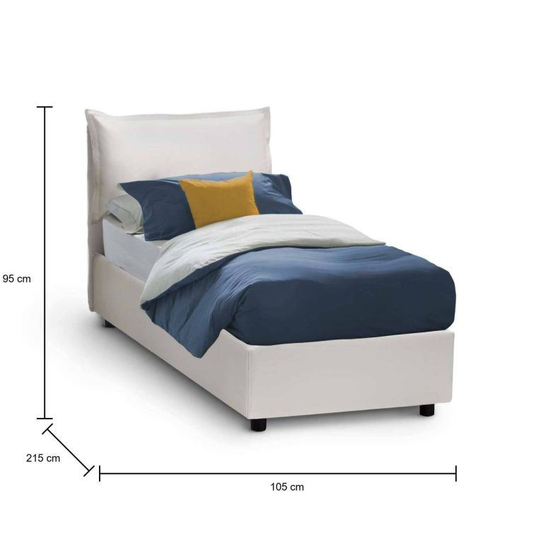 Letto singolo Sarah, Letto contenitore con rivestimento in ecopelle, 100% Made in Italy, Apertura frontale, adatto per materasso Cm 90x200, Bianco