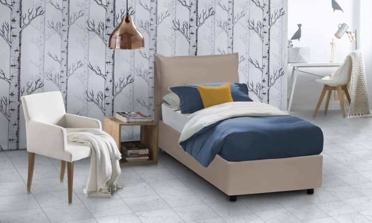 Letto singolo Sarah, Letto contenitore con rivestimento in ecopelle, 100% Made in Italy, Apertura frontale, adatto per materasso Cm 90x200, Tortora